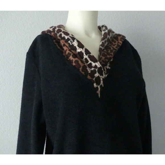 Vtg Tickets Leopard Hoodie Women's MEDIUM Fleece Lined Pullover Lagenlook - Picture 2 of 10